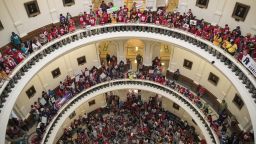 Hundreds of protesters line the balconies of the state Capitol rotunda in Austin on Monday, May 29, 2017, the last day of the legislative session, to protest Senate Bill 4.