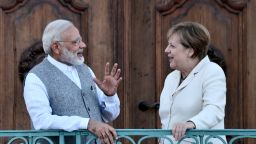 German Chancellor Angela Merkel (R) talks with Indian Prime Minister Narendra Modi at Mesberg palace near Berlin, on May 29, 2017.   / AFP PHOTO / John MACDOUGALL        (Photo credit should read JOHN MACDOUGALL/AFP/Getty Images)