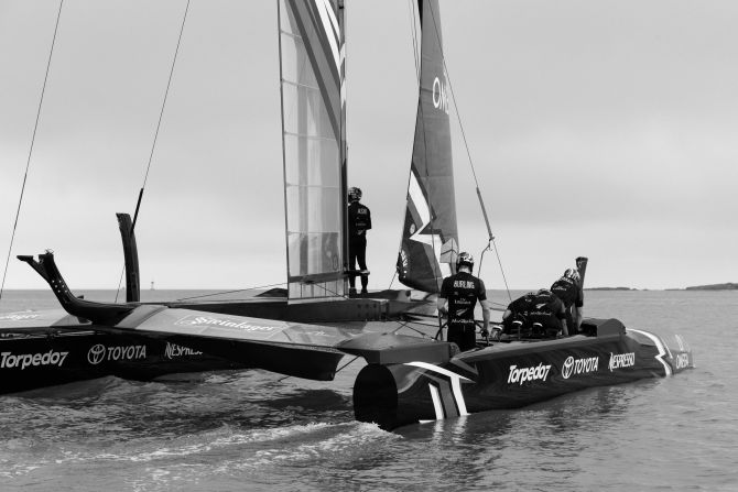 <strong>Emirates Team New Zealand:</strong> "This was the first image I took with the team on joining them in Bermuda on May 1. We had just got out on the Great Sound and the natural state of the yacht floating and moving slowly had a peacefulness to it that I had not really expected. The sailors calm, like the breeze -- I could somehow sense a powerful accumulated energy amongst them" -- Richard Hodder. 