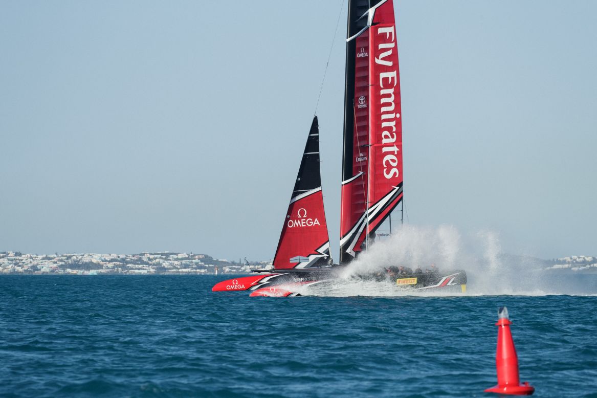 <strong>Emirates Team New Zealand:</strong> "When the hull touches down and the boat leaves a trail of water it makes me want to be onboard and feel the energy rushing past, to be really part of the action and to experience the speed. The image helps show pace, even if touching down on the water is not the goal if you are looking for top straight-line speed ... but for me it captures the movement. I love the pre-start where the boats often need to kill their speed and touch down and dunk themselves in the drink -- it's often the most exciting when a hull touches the water at speed" -- Richard Hodder.