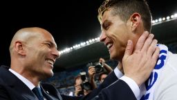 MALAGA, SPAIN - MAY 21:  Zinedine Zidane, Manager of Real Madrid celebrates with Cristiano Ronaldo after being crowned champions following the La Liga match between Malaga and Real Madrid at La Rosaleda Stadium on May 21, 2017 in Malaga, Spain.  (Photo by Gonzalo Arroyo Moreno/Getty Images)