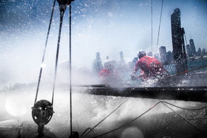 <strong>Groupama Team France: </strong>"The boat is flying at 30 knots and I'm holding on at the back of Groupama Team France's AC45 during the practice races the day before the World Series event on Lake Michigan in Chicago. Beautiful spot, beautiful races, real action" -- Eloi Stichelbaut.