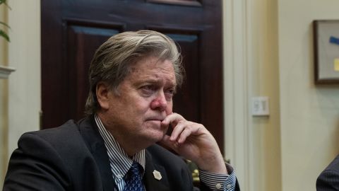 WASHINGTON, DC - FEBRUARY 2: (AFP OUT) (L to R) White House Chief Strategist Steve Bannon and White House Chief of Staff Reince Priebus look on as President Donald Trump meets with Senate and House legislators, in the Roosevelt Room at the White House, February 2, 2017 in Washington, DC. Lawmakers included in the meeting were Sen. Orrin Hatch (R-UT), Rep. Kevin Brady (R-TX), Sen. Ron Wyden (D-OR) and Rep. Richard Neal (D-MA). (Photo by Drew Angerer/Getty Images)