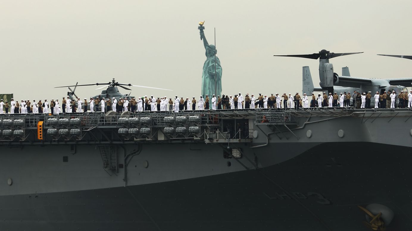 The USS Kearsarge joins a parade of ships during Fleet Week celebrations in New York on Wednesday, May 24.