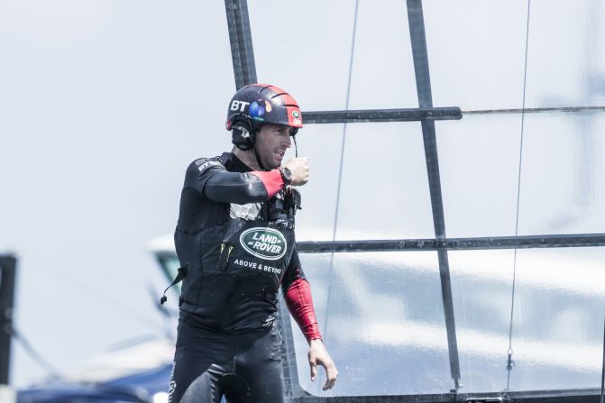 Land Rover BAR skipper Ben Ainslie gives instructions on board his team's vessel.