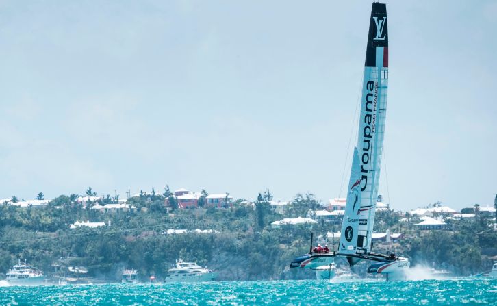 Groupama Team France, skippered by Franck Gammas, are pictured in action as they win qualifying race 13. It wasn't enough, however, to qualify Gammas's crew for the playoffs