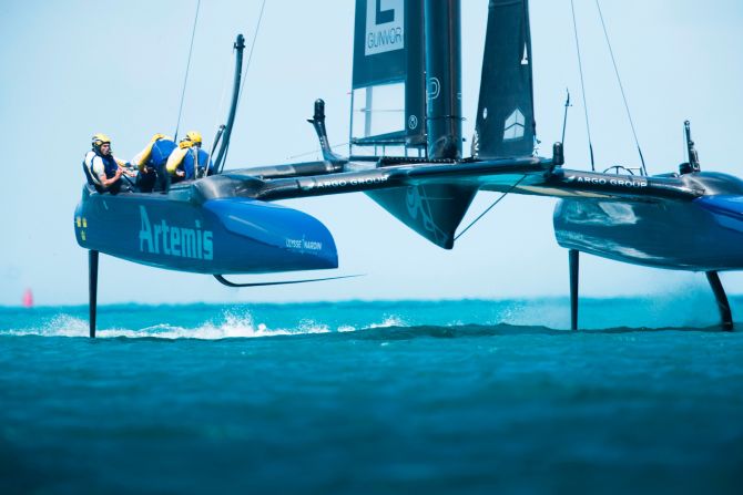 Artemis Racing skippered by Nathan Outteridge skim across the waters of Great Sound, Bermuda, during race 14 of the 2017 America's Cup qualifiers.