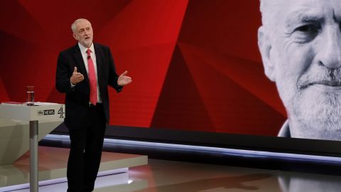 Corbyn answers questions from a studio audience during a televised debate, "May v Corbyn Live: The Battle for Number 10" in London this week.