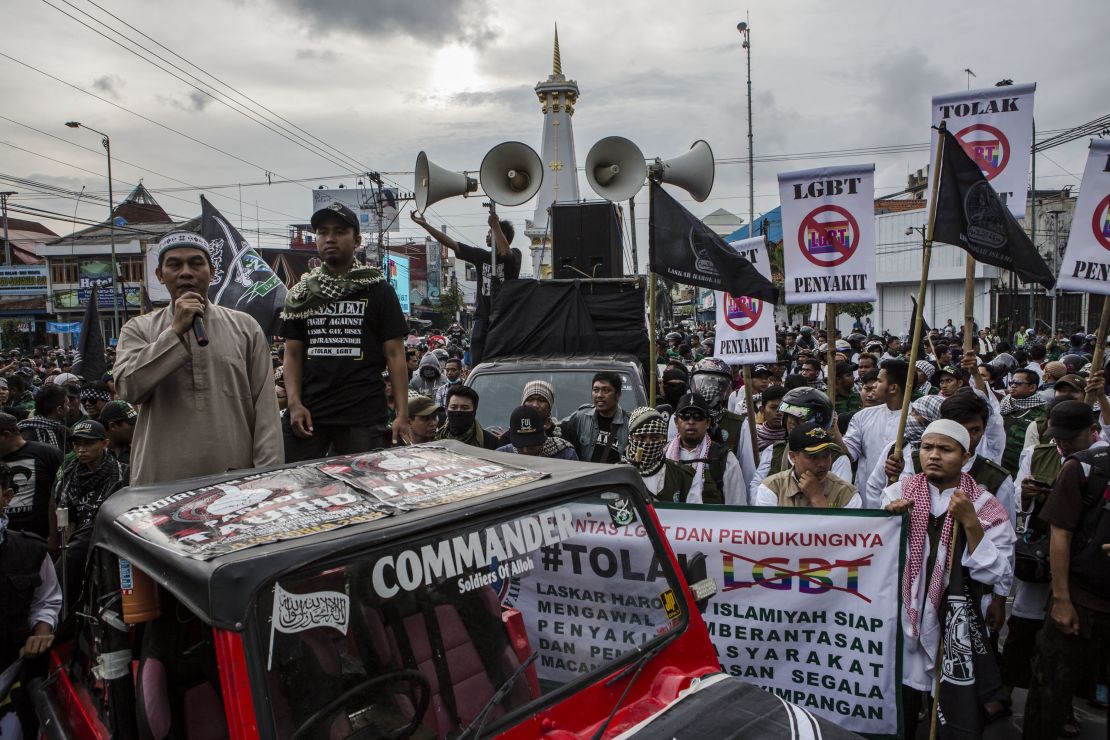 Anti-LGBT activists protest on February 2016 in Yogyakarta, Indonesia.