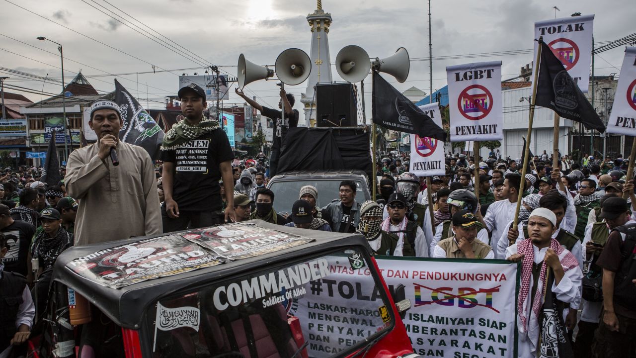 Anti-LGBT activists protest on February 2016 in Yogyakarta, Indonesia.
