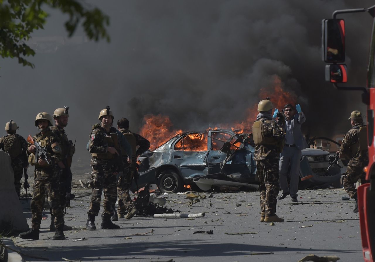 Afghan security forces patrol the site of a deadly suicide bomb attack in Kabul, Afghanistan, on Wednesday, May 31. The blast struck near the German Embassy, according to Afghan officials.