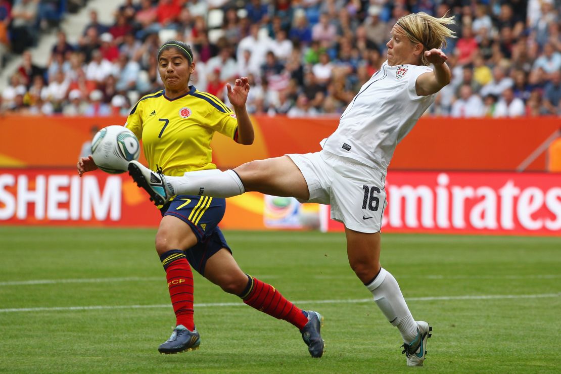 Lori Lindsey is challenged by Catalina Usme of Colombia during the 2011 FIFA Women's World Cup 