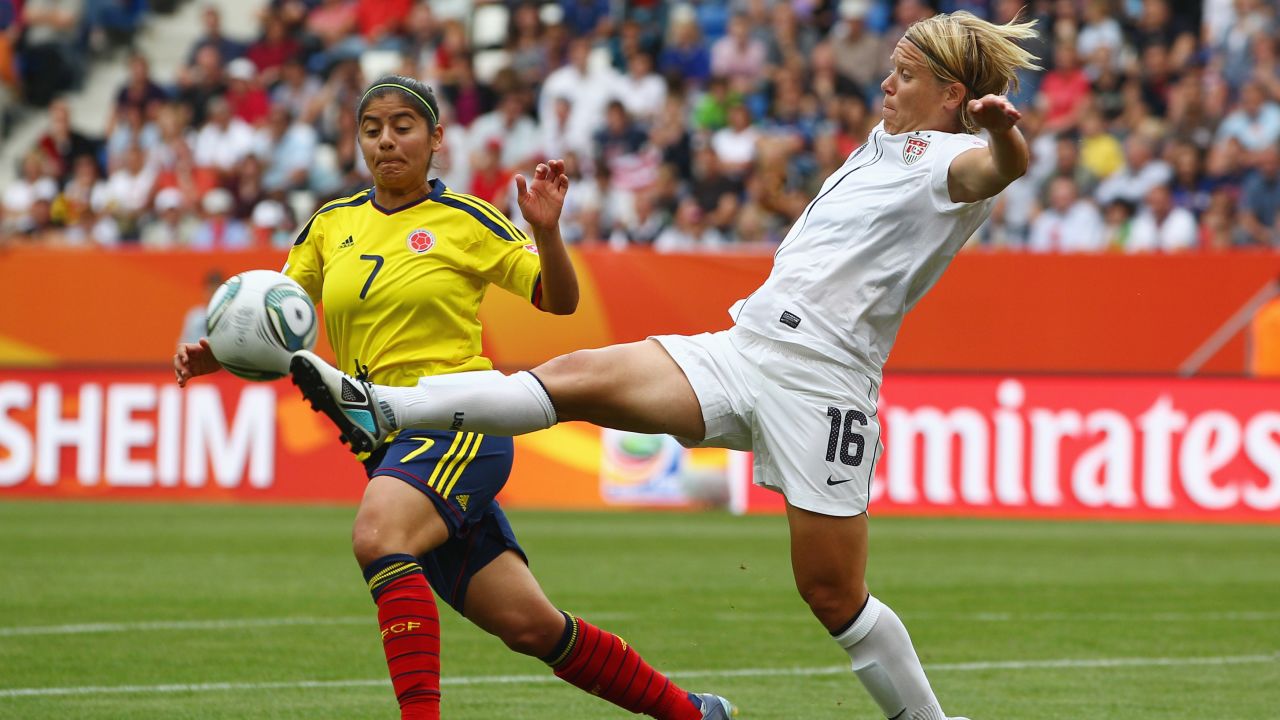 Lori Lindsey is challenged by Catalina Usme of Colombia during the 2011 FIFA Women's World Cup
