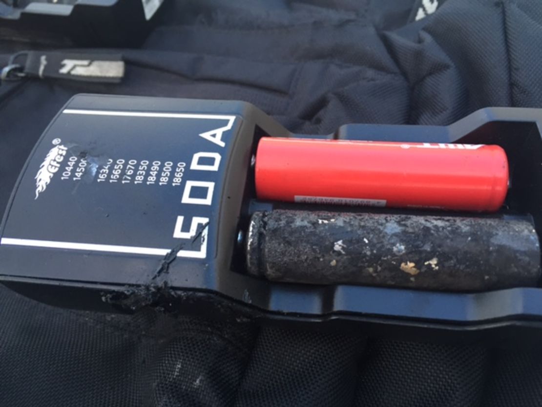This lithium battery caught fire in a passenger's backpack aboard the JetBlue flight.