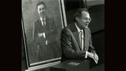 Kennedy speaks at the McGeorge School of Law in 1991. He delivered the inaugural address in a lecture series named for the late Archie Hefner, whose portrait is behind Kennedy. Hefner was a prominent Sacramento attorney active in numerous civic and charitable groups. He died in 1988.
