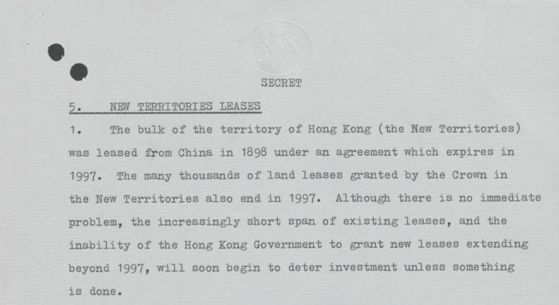 A declassified secret document prepared for newly elected British Prime Minister Margaret Thatcher in June 1979 warns of the upcoming issue of the lease to Hong Kong's New Territories.  Original image altered for clarity. 