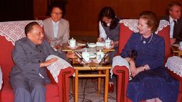 Chairman of the Chinese Communist Party Central Advisory Committee, Deng Xiaoping (L) and British Prime Minister Margaret Thatcher (R) talk in a file photo dated 24 September 1982 at the Great Hall of the People in Beijing during one of their meetings leading up to the signing of the Sino-British Joint Declaration on the future of Hong Kong on 26 September in 1984, setting up the territory as a Special  Administrative Region of China. . CHINA OUT / AFP / XINHUA / STR        (Photo credit should read STR/AFP/Getty Images)