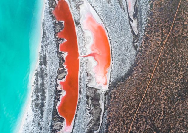 <strong>Dirk Hartog Island, Western Australia:</strong> "Strong, unusual color pallete of the inland water contrasts beautifully against the more natural hue of the ocean," said judges of this finalist, submitted by SkyPixel user <a href="https://www.skypixel.com/user/will-a9126ef2-7412-4950-9e19-01708c0d256a" target="_blank" target="_blank">Will</a>. 