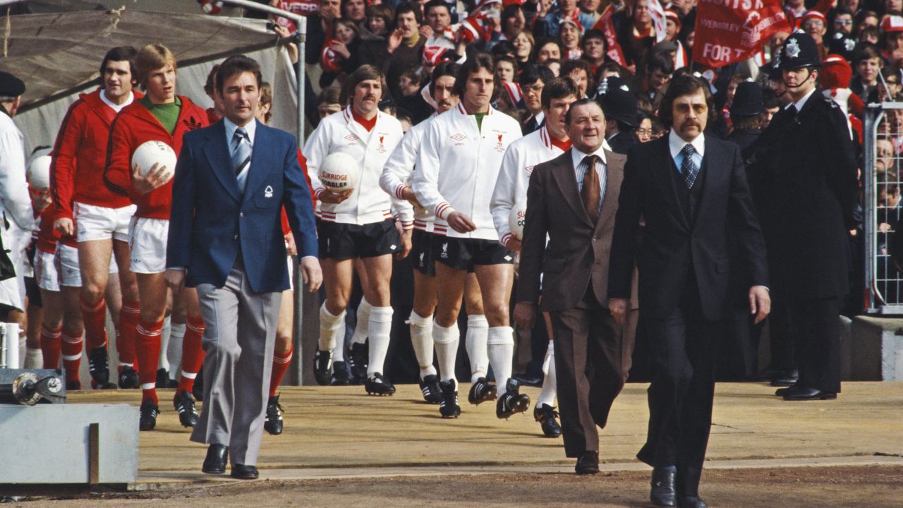 Bob Paisley leads his Liverpool team out against Brian Clough's Nottingham Forest in the 1978 League Cup final at Wembley