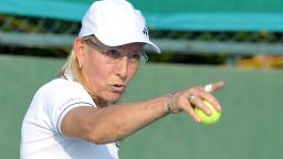 Former US tennis player Martina Navratilova takes part in a mixed doubles exhibition match during the Tennis Masters Hyderabad 2015 at the Sania Mirza Tennis Academy (SMTA) in Hyderabad on November 26, 2015. Former US player Martina Navratilova paired with Indian tennis player  Mahesh Bhupathi  to play a mixed doubles match against Indian pair Sania Mirza and Leander Paes. Mirza and Paes won the match by 6-2,7-6 (7-3).  / AFP / NOAH SEELAM        (Photo credit should read NOAH SEELAM/AFP/Getty Images)