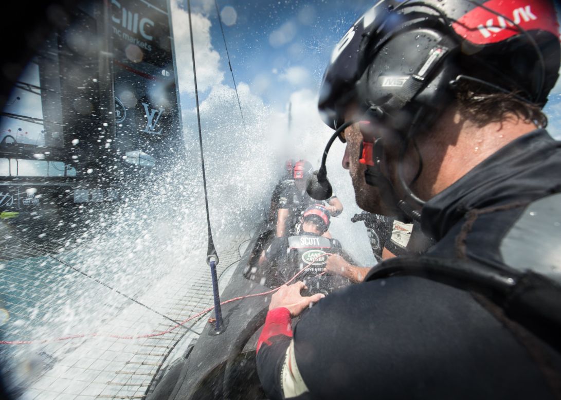 <strong>Land Rover BAR: "</strong>This was during a rare opportunity to get on-board the team's race boat and right in the action. The boat was doing 40 knots, we dipped a little and the windward foil clipped the water throwing up this intense spray" -- Harry Kenney-Herbert. 