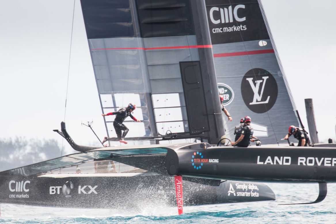 <strong>Land Rover BAR</strong>: "There's a crew of six on-board and the guys have to cross the boat as fast as possible and sometimes this means leaping over the back beam -- skipper Ben Ainslie, pictured here mid tack" -- Harry Kenney-Herbert.