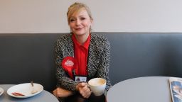 Labour party candidate Tracy Brabin sits with a coffee in a cafe in Batley following early morning canvassing on October 20, 2016 in Batley, United Kingdom. 