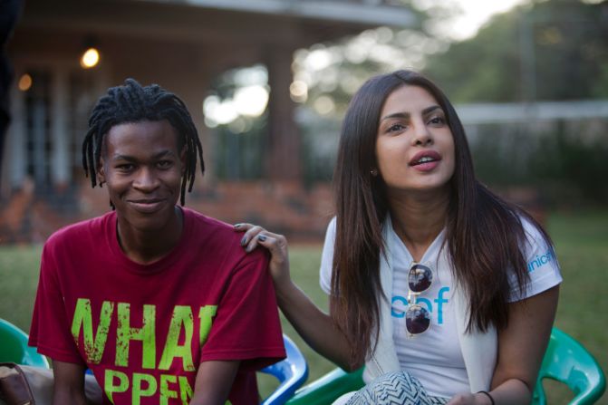 On May 4, 2017 in Zimbabwe, UNICEF Goodwill Ambassador Priyanka Chopra (right), her hand on the shoulder of an adolescent sitting beside her, listens during a meeting with adolescents living with HIV, at the AFRICAID support center in Avondale, a suburb of Harare, the capital. AFRICAID provides specialized services in support of the Government's National Action Plan for Orphans and Vulnerable Children. Interventions, led by young people living with HIV, provide HIV-positive children and other vulnerable children and their families with the knowledge, skills and confidence they need to stay safe, and to cope with the associated stigma and discrimination people living with HIV and survivors of sexual violence and abuse face. 