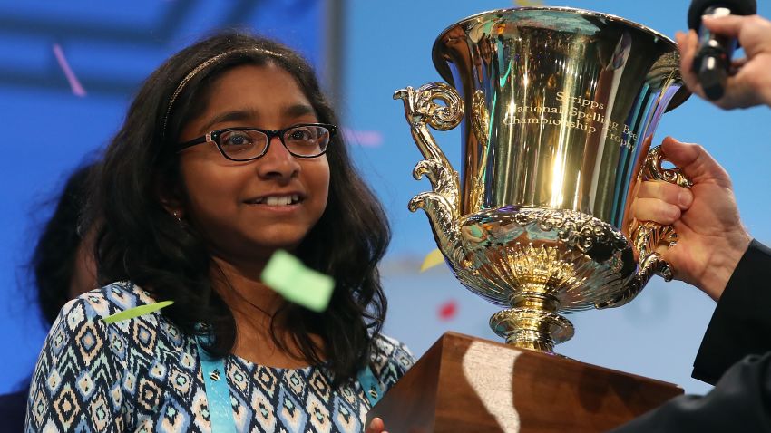 NATIONAL HARBOR, MD - JUNE 01: Ananya Vinay of Fresno, CA. won the 2017 Scripps National Spelling Bee by spelling the word "marocain", at Gaylord National Resort & Convention Center June 1, 2017 in National Harbor, Maryland. Close to 300 spellers are competing in the annual spelling contest for the top honor this year.  (Photo by Mark Wilson/Getty Images)