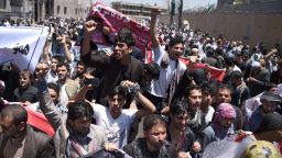 Afghan protesters shout anti-government slogans during a protest against the government following a catastrophic truck bomb attack near Zanbaq Square in Kabul on June 2, 2017.
Afghan police June 2 fired live rounds to disperse hundreds of stone-throwing protesters seeking to march on the presidential palace to demand the government's resignation following a catastrophic truck bombing that killed 90 people and wounded hundreds. / AFP PHOTO / WAKIL KOHSAR        (Photo credit should read WAKIL KOHSAR/AFP/Getty Images)