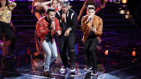 Luis Fonsi and Daddy Yankee perform 'Despacito' with contestant Mark Isaiah in 'The Voice' finale.