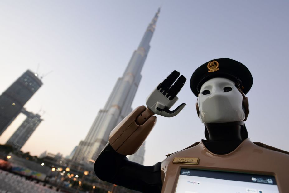 In May 2017 Dubai Police introduced its first robot officer, a customized humanoid designed by Spanish manufacturer PAL-Robotics. First previewed at GITEX Tech Week, 2016, the robot has a touch screen interface through which citizens can report crimes, pay fines and source information.