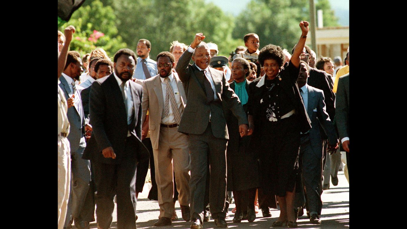 After spending <a href="http://www.cnn.com/2016/02/25/africa/south-africa-jail-mandela/index.html">27 years in prison</a>, Nelson Mandela and his then-wife, Winnie, raise their fists in celebration of Mandela's release from custody on February 11, 1990. Mandela became President of South Africa after his release and played a pivotal role in leading his country out of apartheid's decades of racial segregation. <a href="http://www.cnn.com/2013/12/05/world/africa/nelson-mandela/index.html">He died at age 95</a> on December 5, 2013.