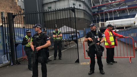 Armed police outside the Principality Stadium in Cardiff