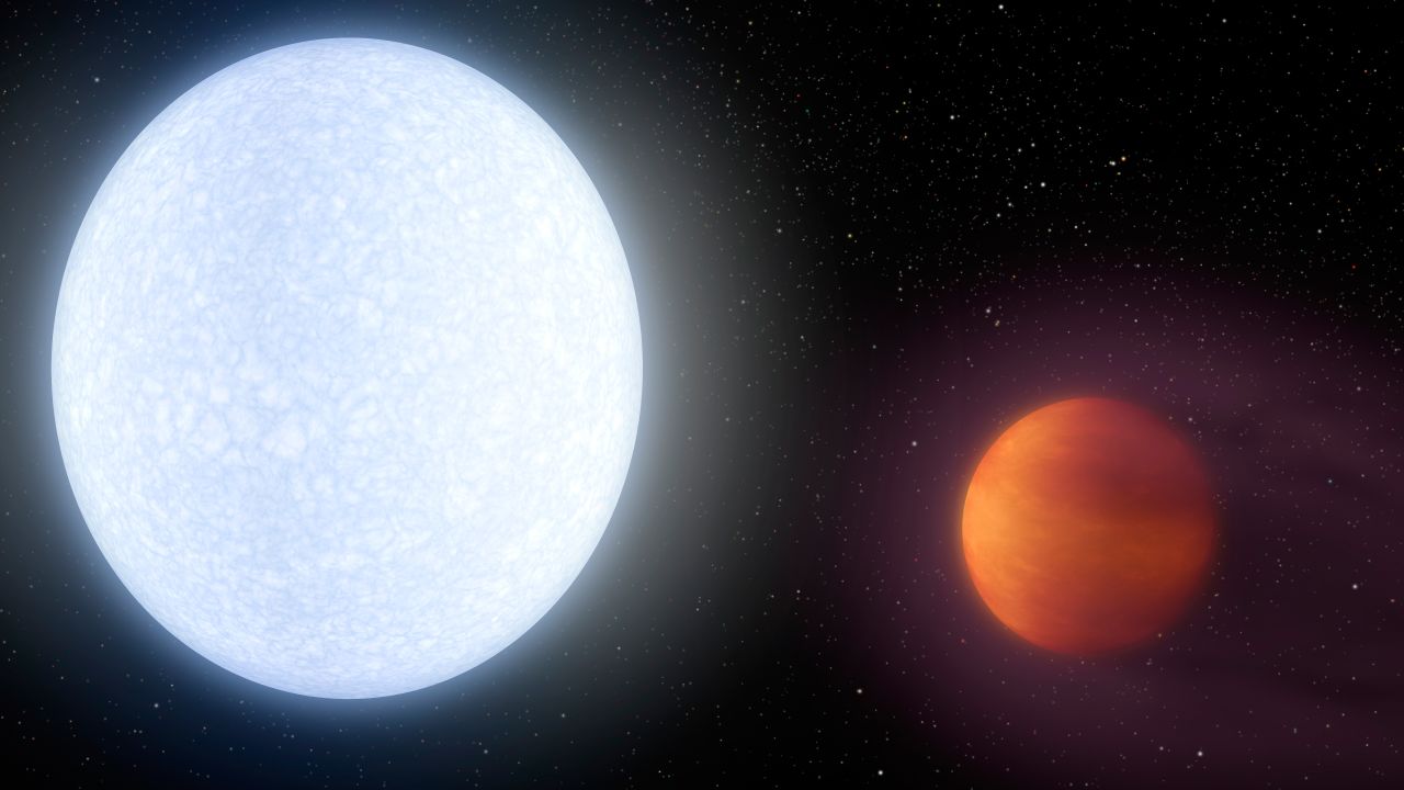 Welcome to the KELT-9 system. The host star is a hot, rapidly rotating A-type star that is about 2.5 times more massive and almost twice as hot as our sun. The hot star blasts its nearby planet KELT-9b with massive amounts of radiation, leading to a daylight temperature of 7800 degrees Fahrenheit, hotter that most stars and only 2000 degrees cooler than the sun.