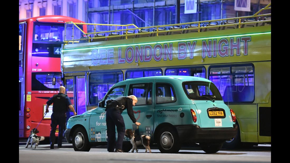 Police sniffer dogs are seen at London Bridge.