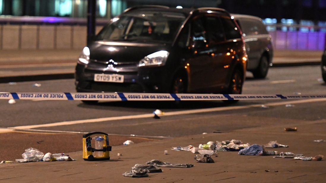 Debris and abandoned cars remain at the scene of one of the incidents.