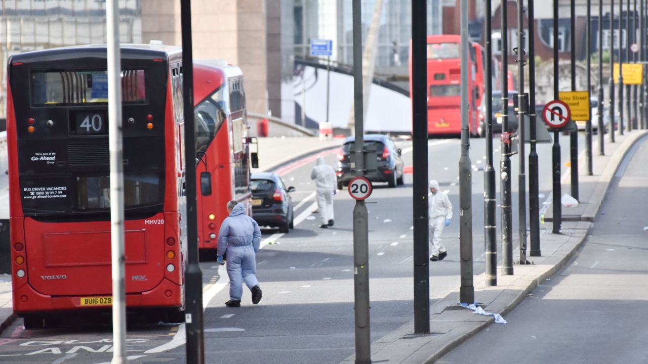 SOCO offficers on the London Bridge following last night's incident where six people were killed in a terror attack and three assailants were shot dead by police, on June 4, 2017. At least six people were killed in attacks late Saturday as a van mowed down pedestrians on London Bridge before attackers then stabbed victims at nearby Borough Market.