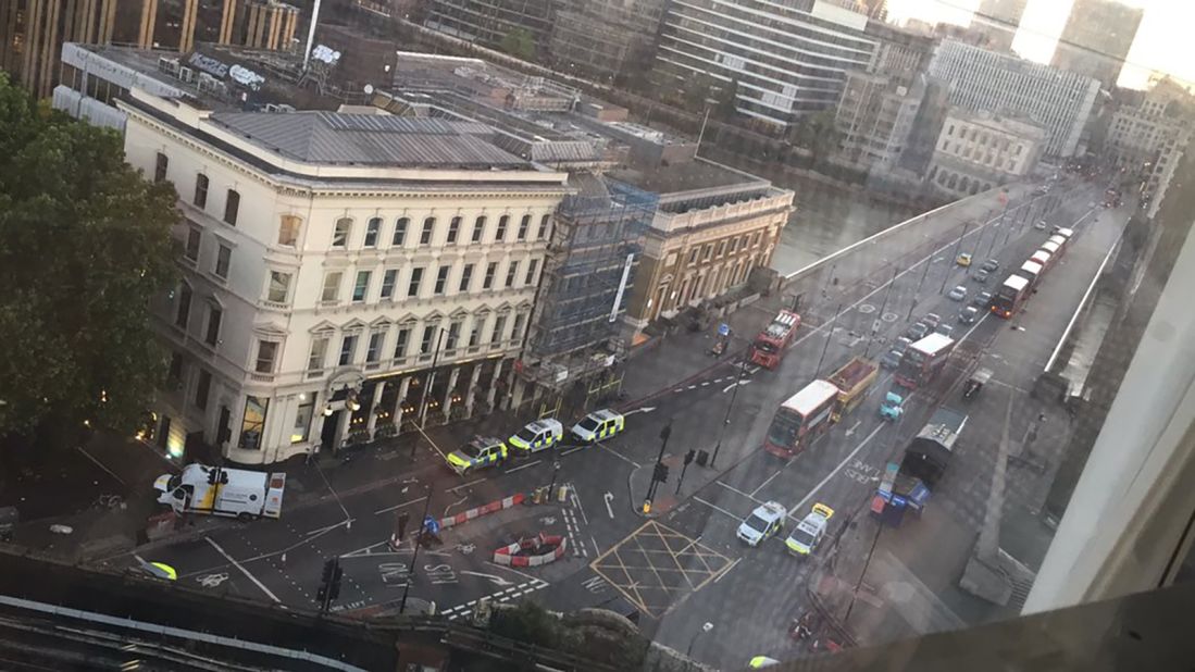 A view from above shows where a van struck pedestrians on London Bridge -- and then crashed into a barrier.