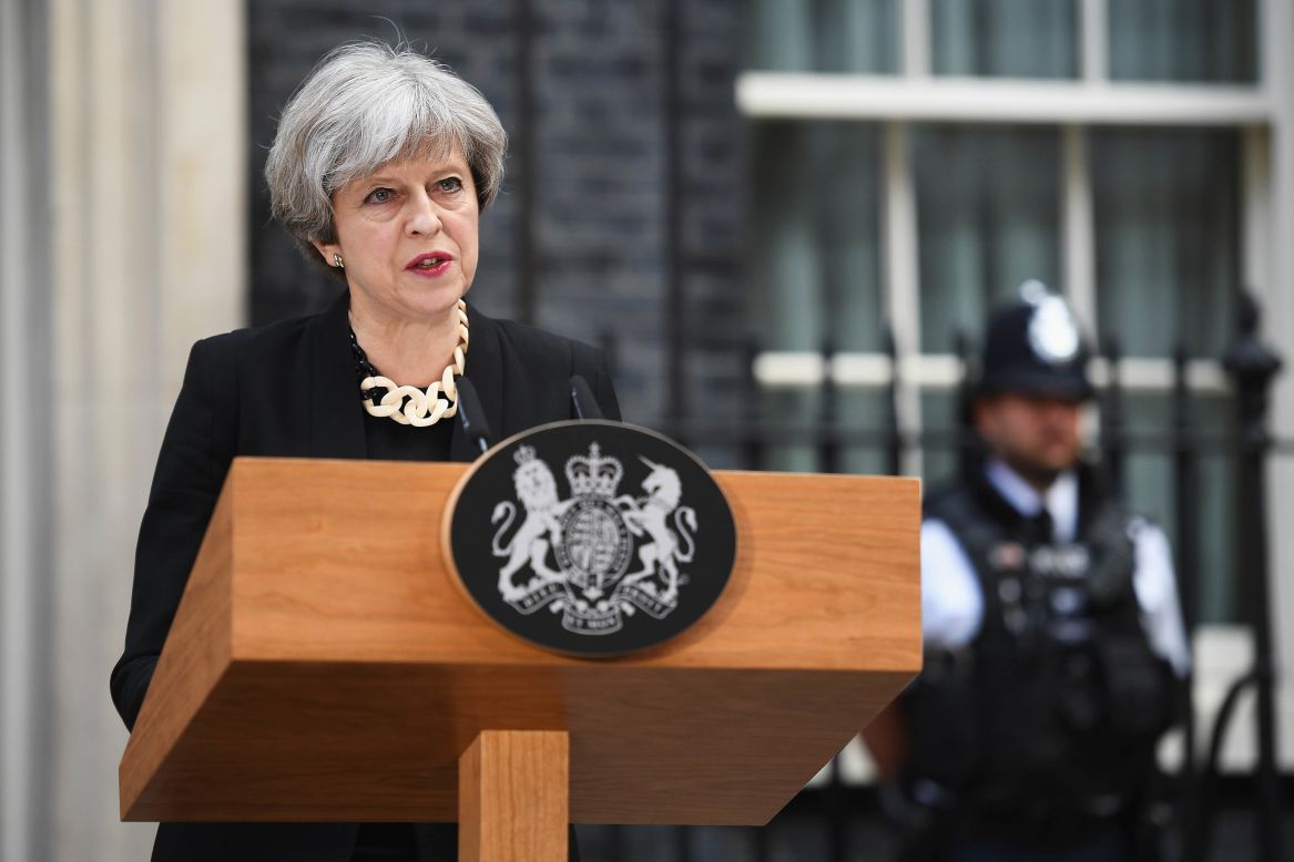 Prime Minister Theresa May makes a statement at 10 Downing Street, following a Cobra security meeting in response to Saturday night's terror attack. Violence must "never be allowed to disrupt the democratic process," May said, adding that Thursday's general election will go ahead.