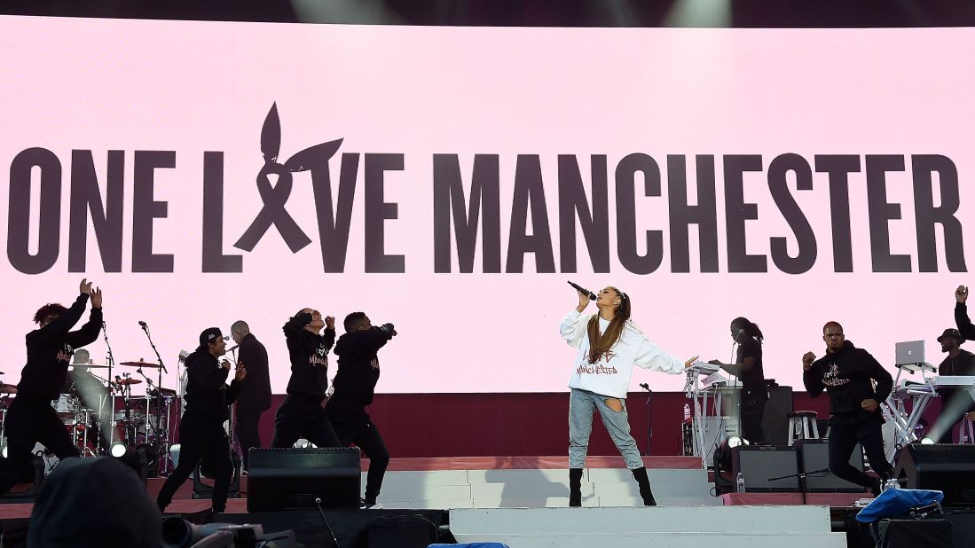 Ariana Grande performs during 2017's <a href="http://www.cnn.com/2017/06/04/world/grande-benefit-concert/index.html?adkey=bn" target="_blank">One Love Manchester Benefit Concert</a> at Old Trafford on Sunday, June 4, in Manchester, England. The benefit concert by Grande and other pop stars went on as planned in the UK city, which was the site of a suicide bombing at Grande's show two weeks earlier.