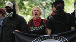 Anti-fascist, or Antifa, demonstrators confront pro-Trump demonstrators during a protest on June 4, 2017, in Portland, Oregon.
