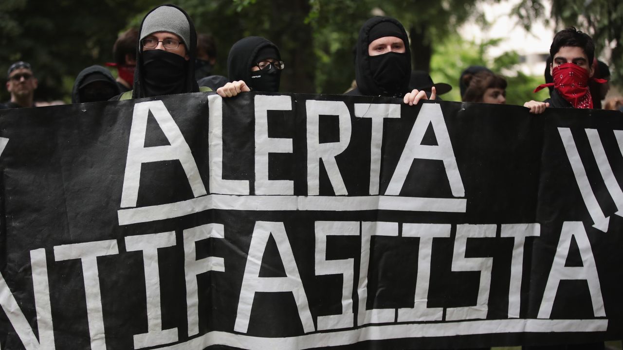 Anti-fascist demonstrators confront pro-Trump demonstrators during a protest on June 4, 2017, in Portland, Oregon.