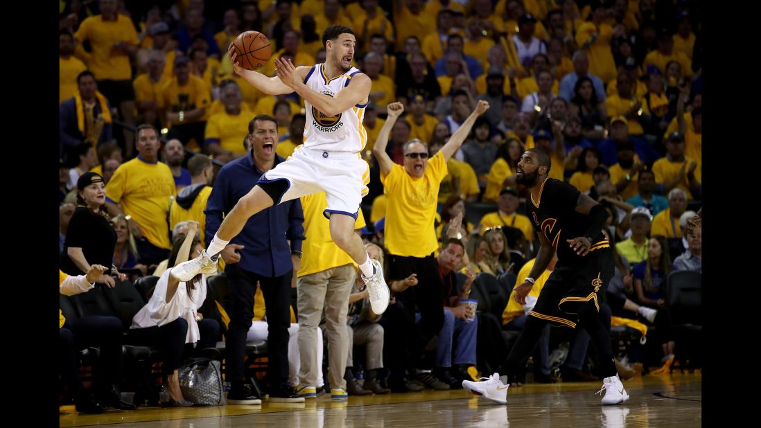 Klay Thompson looks to pass the ball in Game 2.