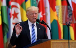 US President Donald Trump speaks during the Arab Islamic American Summit at the King Abdulaziz Conference Center in Riyadh on May 21, 2017. MANDEL NGAN/AFP/Getty Images