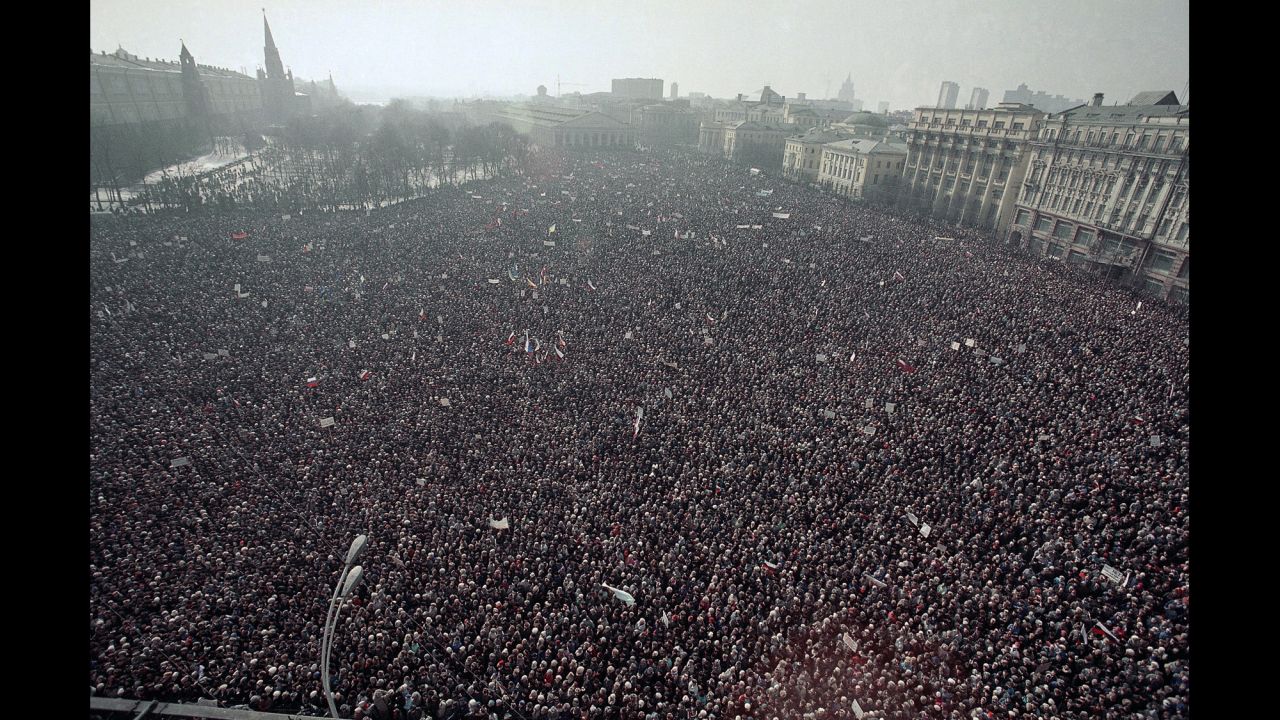An estimated 500,000 protesters descended on Moscow's Manezh Square on March 19, 1991, to demand that Soviet President Mikhail Gorbachev and his Communist government relinquish power. By the end of the year, their demonstrations succeeded: The Soviet Union officially dissolved in December 1991.