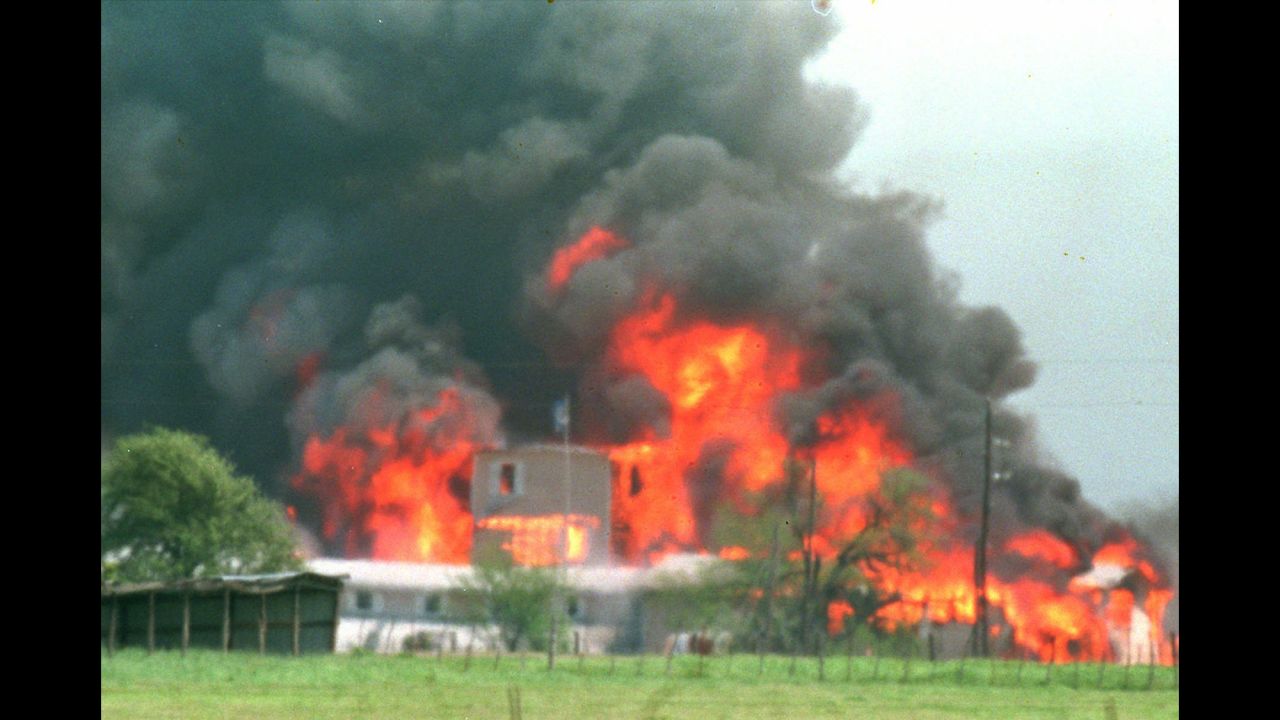 After a 51-day standoff between federal agents and members of the Branch Davidian religious group, federal authorities raided the Waco, Texas, compound where authorities said the group's leader, David Koresh, and his followers were stockpiling weapons. This April 19, 1993, photo shows the massive fire that resulted from the siege, which killed dozens of Branch Davidians and led to criticism of the government's handling of the situation.