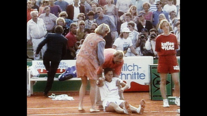 Then the world's top-ranked tennis player, Monica Seles was taking a water break during a match on April 30, 1993, in Hamburg, Germany, when a spectator leaned from the stands and plunged a knife into her back. Seles, shown shortly after the stabbing, was taken to a hospital and eventually made a full recovery, but the incident <a href="index.php?page=&url=http%3A%2F%2Fedition.cnn.com%2F2013%2F06%2F11%2Fsport%2Ftennis%2Fmonica-seles-novel-tennis%2Findex.html">caused her to step away from tennis for more than two years.</a>
