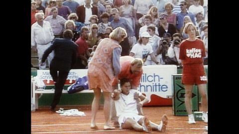 Then the world's top-ranked tennis player, Monica Seles was taking a water break during a match on April 30, 1993, in Hamburg, Germany, when a spectator leaned from the stands and plunged a knife into her back. Seles, shown shortly after the stabbing, was taken to a hospital and eventually made a full recovery, but the incident <a href="http://edition.cnn.com/2013/06/11/sport/tennis/monica-seles-novel-tennis/index.html">caused her to step away from tennis for more than two years.</a>