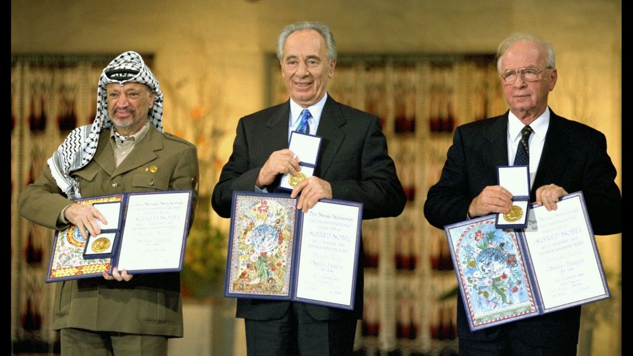For their roles in negotiating and signing the <a href="http://www.cnn.com/2013/09/03/world/meast/oslo-accords-fast-facts/index.html">Oslo Accords</a>, Palestinian leader Yasser Arafat, left, Israeli Foreign Minister Shimon Peres, center and Israeli Prime Minister Yitzhak Rabin received the 1994 Nobel Peace Prize. But the peace outlined in the accords didn't last. In 2000, riots and suicide attacks brought an end to the negotiations.